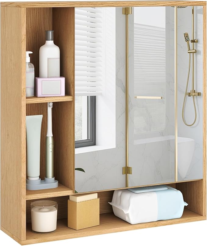 Giantex Bathroom Medicine Cabinet with Mirror, Wall Mounted Medicine Cabinet w/Single Door, 3 Open Shelves & Adjustable Shelf, Space-Saving Hanging Storage Cabinet for Living Room, Hallway (Natural)