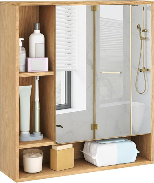 Giantex Bathroom Medicine Cabinet with Mirror, Wall Mounted Medicine Cabinet w/Single Door, 3 Open Shelves & Adjustable Shelf, Space-Saving Hanging Storage Cabinet for Living Room, Hallway (Natural)