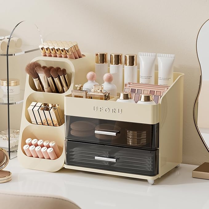 Makeup Organizer for Vanity with Brush Holder, Countertop Skincare Organizer with 2 Drawers, Spacious Cosmetic Display Case for Perfumes, Eyeshadow Palettes, Nail Polishes