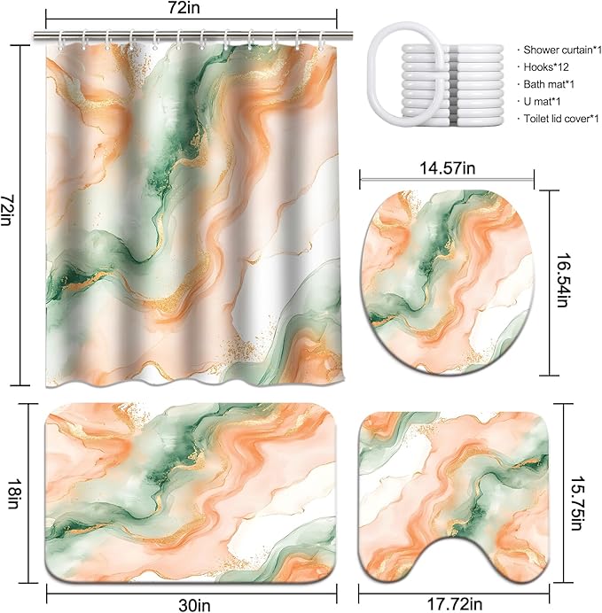 Lnond 4Pcs Marble Bathroom Sets with Shower Curtain and Rugs, Orange Green Marble Modern Art Bathroom Shower Curtain Sets with Rugs and Accessories
