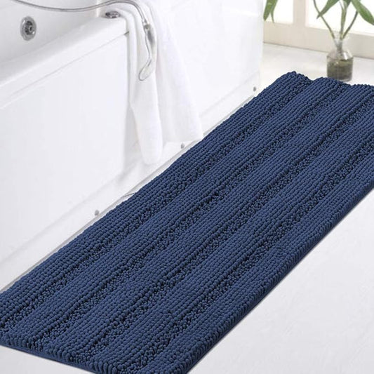 Turquoize Plush Chenille Bathroom Runner 47"x 17" Blue Non Slip Shower Mat, Extra Soft and Absorbent Thick Shaggy Shaggy Rug for Tub, Navy