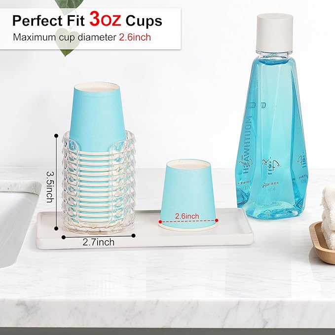 Bathroom Cup Dispenser, Mouthwash Cup Holder for 3oz Small Disposable Rinsing Cups Storage, Compact Paper Cups Organizer, Vanity Cotton Pads Holder - 1 Pack Clear