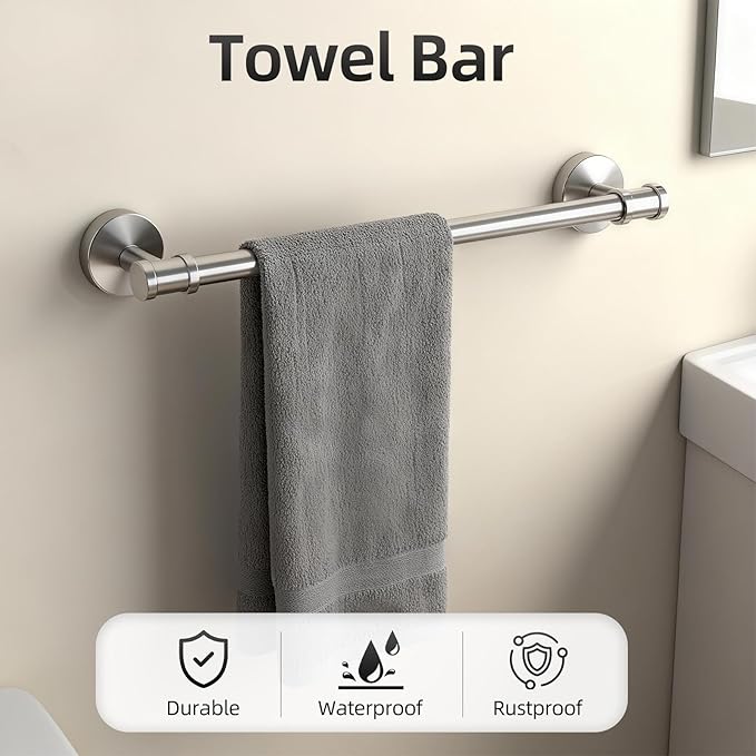 Bathroom Hardware Set 4 Piece, SUS304 Stainless Steel Bathroom Towel Rack Holder Set, Brushed Nickel Towel Bar Set-20 Inch Bathroom Towel Bar, Nickel Toilet Paper Holder, Hook for Bathroom, Towel Ring