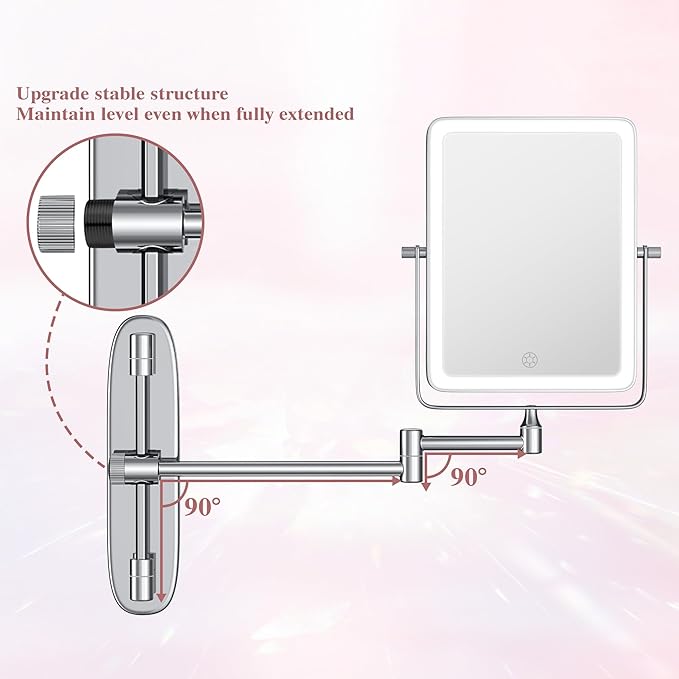 Wall Mounted Lighted Makeup Mirror, Rectangle Double Sided 1X/7X Magnifying Bathroom Height Adjustable Mirror, Rechargeable 3 Color and Dimmable Lights, Extended Arm 360 Rotation Shaving Vanity Mirror