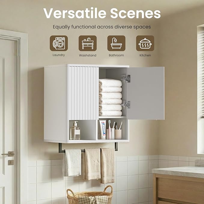 Bathroom Wall Storage Cabinet, Over The Toilet Medicine Cabinet, Hidden Storage & Open Shelves, Small 2-Door Multi-Functional Bathroom Organizer with Towel Bar for Bathroom & Kitchen (White)