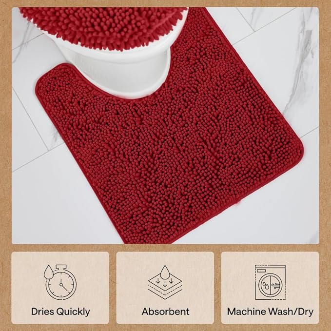 GORILLA GRIP Plush Absorbent Shaggy Chenille Bath Rug Mat for Oval Toilet Base with Rubber Backing, Machine Washable Rugs, Soft Microfiber Contour Mats for Toilets, Quick Dry, Bathroom Decor, Red