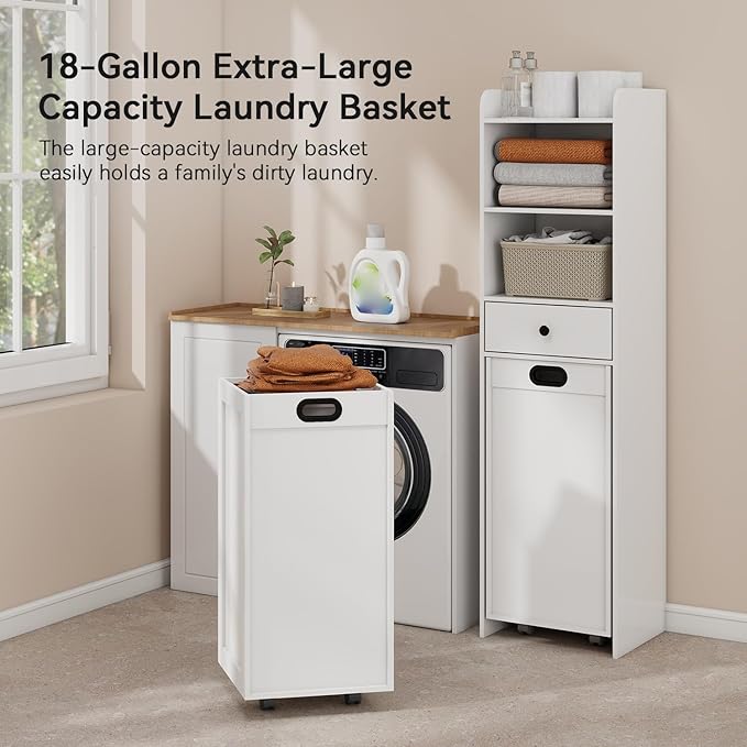 Laundry Hamper Cabinet, Laundry Cabinets and Storage with Multi Shelves, Hidden Movable Laundry Hamper Cabinet for Bathroom or Laundry Room Organization, White