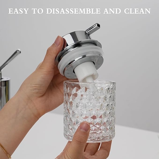 CICUFY Hand Soap Dispenser Glass, Refillable Liquid Dispenser for Bathroom & Kitchen,Lotion Dispenser with Large Silver Pump（Diamond Pattern-Clear）