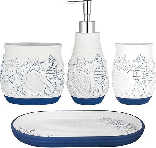 Beach Theme Bathroom Accessory Sets 4PCS Bathroom Accessories Set Complete Embossed Seashell Starfish Design Includes Lotion Dispenser Toothbrush Holder Tumbler Cup & Vanity Tray