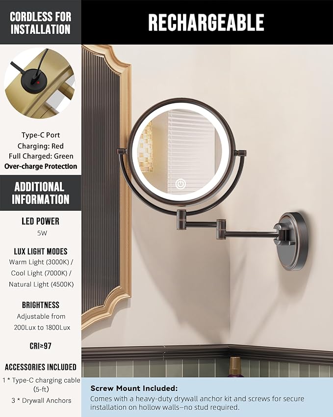 10" Large Wall Mounted Makeup Mirror with Lights, Rechargeable 1X/5X Double-Sided 3 Color 5000mAh Touch Dimmable Antique Extended Swing Arm 360 Rotation for Bathroom, Oil Rubbed Bronze