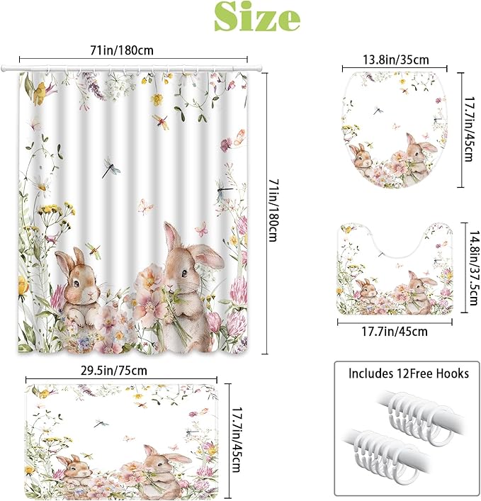 MEHOFOND 4pcs Easter Shower Curtain Sets Spring Easter Bunny Shower Curtain Set for Bathroom Cute Rabbits Floral Plant Watercolor Flower Bathroom Decor with Non-Slip Rugs Toilet Lid Cover and Bath Mat