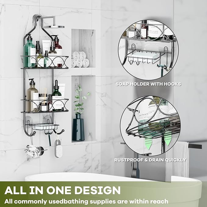 Aluminum Shower Caddy Hanging for Handheld Showerheads, Never Rust Shower Organizer with Hooks Holder Toothbrush Holder，Over Showerhead Caddy for Bathroom