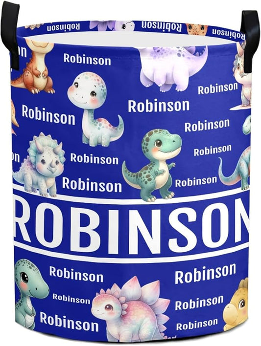 Large Custom Name Laundry Hamper, Dinosaur Personalized Dirty Clothes Hamper Storage Basket with Name for Bathroom Bedrooms, Customized Name Circular Hamper with Handles for Baby Boys Girls Men Women