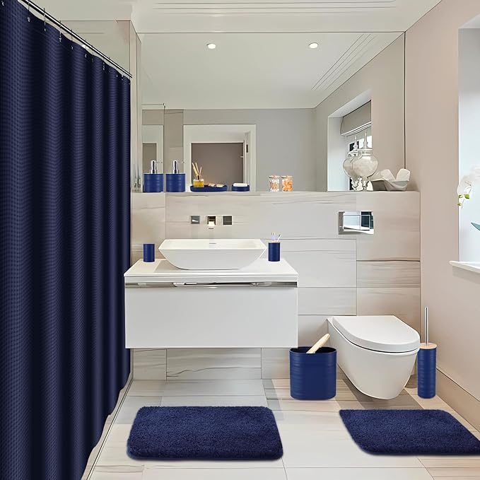XLHOMO Bathroom Set - Navy Blue Bathroom Accessories Set, Bathroom Sets with Shower Curtain and Rugs, 25PC Shower Curtain Set with Hooks, Soap Dispenser, Soap Dish, Toilet Brush Holder and Trash Can