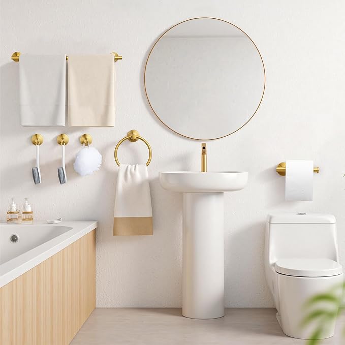 Gold Bathroom Accessories, 24” Towel Bar, Towel Ring Holder, Toilet Paper Holder and 3 Towel Hooks, Bathroom Hardware Set Wall Mounted