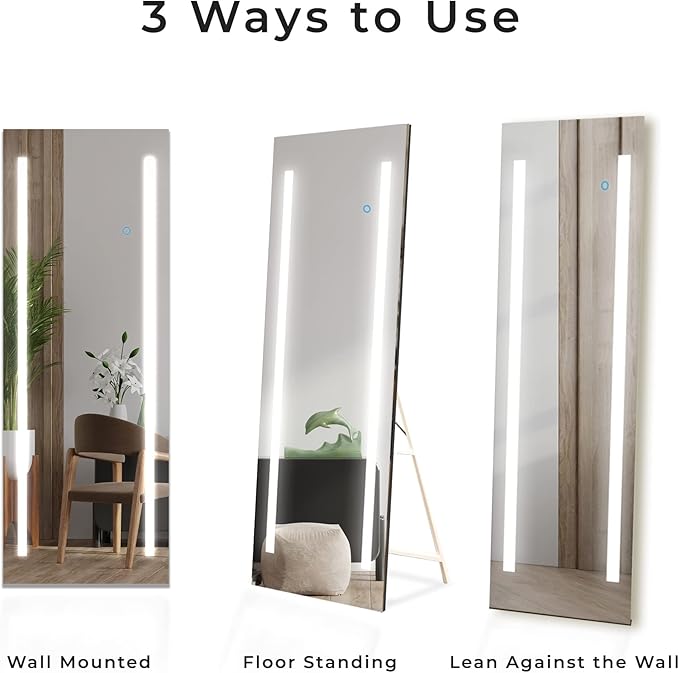 19x59 Inch Full Length LED Mirror for Bathroom with 3 Color Modes, Touch Dimmer - Free Standing or Wall Mount Lighted Vanity for Bedroom, Dressing Room - Fab Glass and Mirror