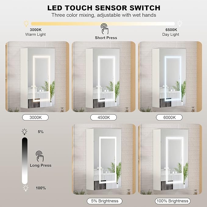 Led Medicine Cabinet, Lighted Medicine Cabinet Mirror with Defogger,Bathroom Mirror with Storage,Wall Mounted, Bathroom Vanity Mirror Cabinet Medicine,16x26 Inch