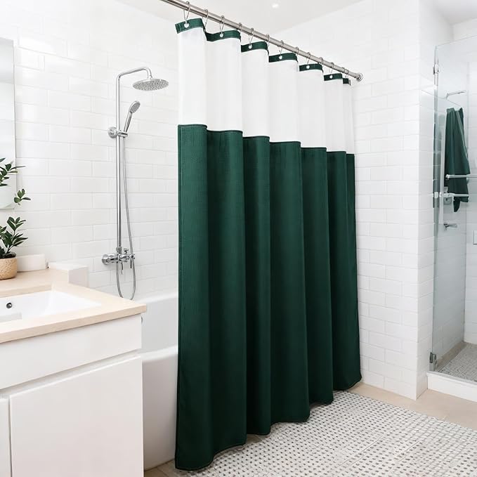 Bathroom Accessories Set, Farmhouse Home Decor, Green Shower Curtain with Snap in Fabric Liner and Hooks, Trash Can, Toilet Brush, Soap Dispenser, Toothbrush Holder, Tumbler, Soap Dish, Jars