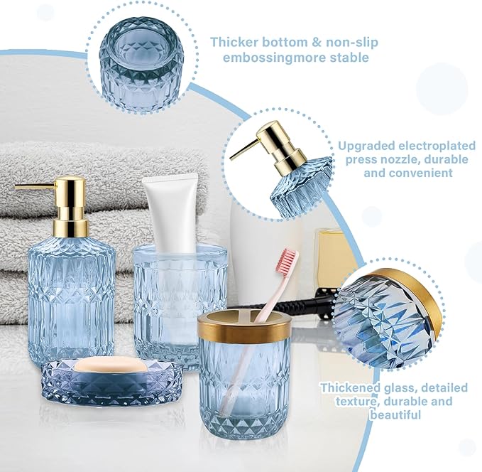 5Pcs Blue Bathroom Accessories Set, Glass Bathroom Accessories, Vintage Bathroom Countertop Decoration Includes Soap Dispenser, Toothbrush Holder, Qtip Holder,Soap Dish and Rinsing Cup