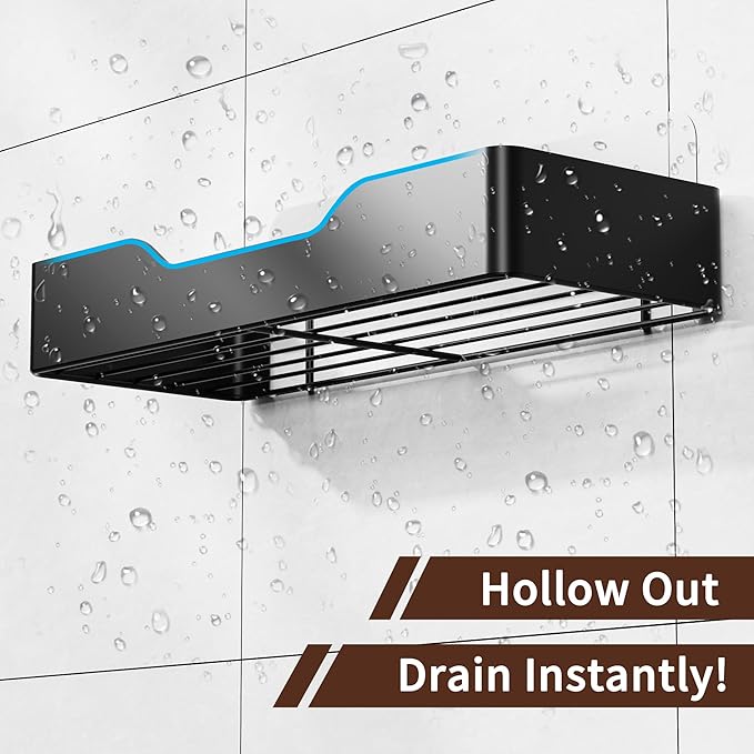 Adhesive Shower Caddy, 2 Pack Bathroom Shelves for Inside Shower, Rustproof No Drilling Shower Organizer with 4 Hooks and Anti-Fog Mirror, Black