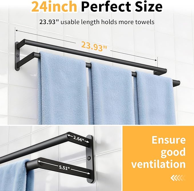 Double Towel Bar, 24Inch Towel Rack for Bathroom Wall Mounted, Stainless Steel Double Bath Towel Bar, Wall Towel Holder for Bathroom, Double Towel Rod Towel Hanger for Wall (Black)