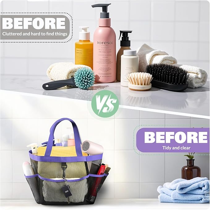 LOYEE Mesh Shower Caddy Portable for College Dorm Room Essentials with 8 Pockets, Shower Bag for Beach, Swimming, Gym, Travel, Bathroom(Purple)
