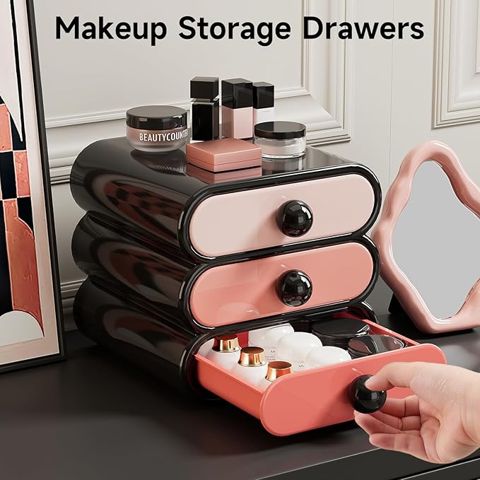 3-Drawer Desktop Organizer, Compact Vanity Drawer Organizer for Makeup, Small Plastic Drawer Containers for Bathroom, Cabinet
