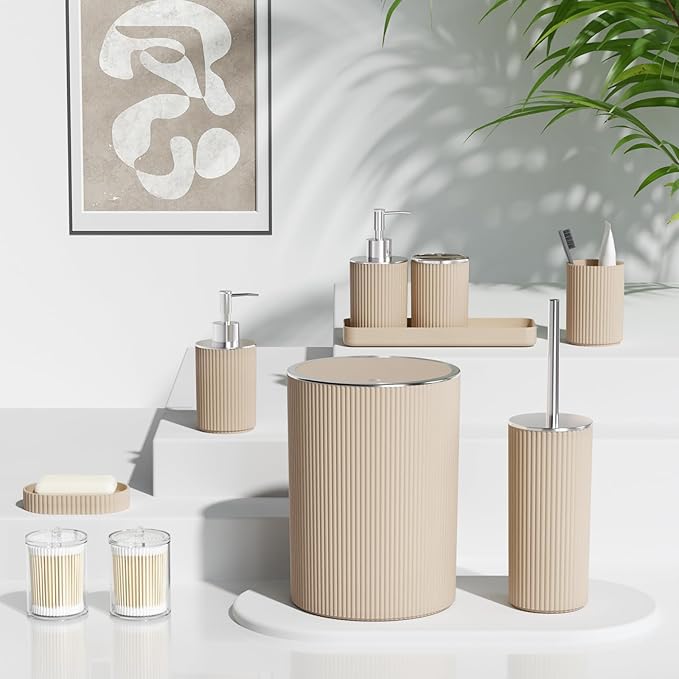 Beige Bathroom Accessories Set, 10PC Bathroom Set, Bath Accessory with Pop Up Trash Can, Soap Dispenser, Toilet Brush, Toothbrush Set Qtip Holders & Tray