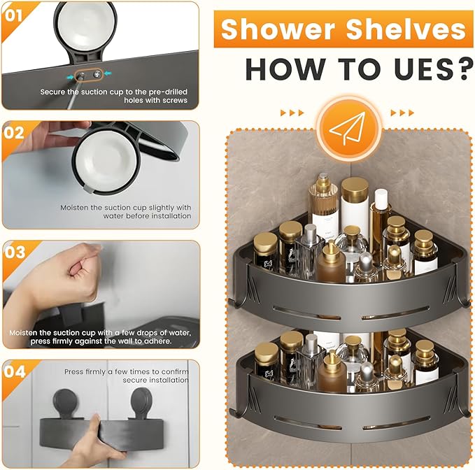 Corner Shower Caddy 2-Pack, Suction Cup Bathroom Shower Organizer with Hooks, No Drilling Rustproof Aluminum Floating Wall Shelf for Inside Shower, Gun Grey (Triangular)