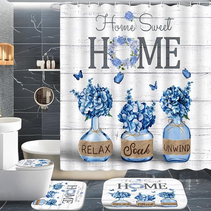 ALEXEX 4 PCS Blue Hydrangea Shower Curtain Sets,Home Sweet Bathroom Set with Shower Curtain and Rugs and Accessories,Farmhouse Country Shower Curtain Bathroom Decor with 12 Hooks,72 X 72 Inches