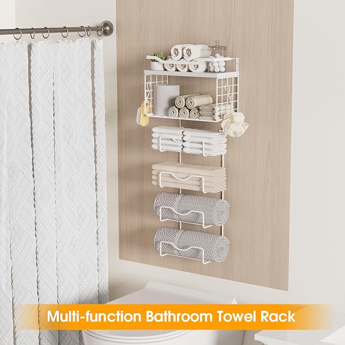 Towel Racks for Bathroom,Towel Rack Wall Mounted, 6 Tier Rolled Or Folded Towel Holder with Floating Shelves, Bathroom Towel Holder for Bath, Hand Towels,Metal,Full White