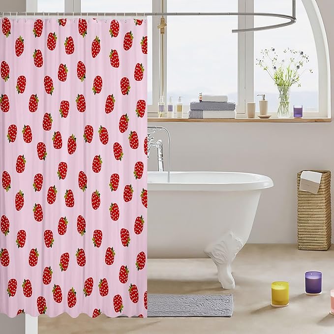 Feelyou Strawberry Bathroom Shower Curtain Set Girls Pink Cute Fruit Print Shower Curtain Kids Teens Strawberries Stripes Bath Curtain Polyester Stalls Waterproof Curtain Bathtubs Decor 72"x72"