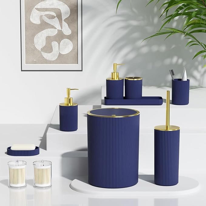 Navy Blue Bathroom Accessories Set, 10PC Bathroom Set, Bath Accessory with Pop Up Trash Can, Soap Dispenser, Toilet Brush, Toothbrush Set Qtip Holders & Tray