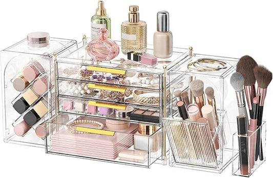 4-Tier Drawer Makeup Organizer, 3-in-1 Free Combination Cosmetic Storage with Lipstick Holder & Brush Rack, Skincare Organizer with Mini Tray for Vanity Bathroom Bedroom Dorm