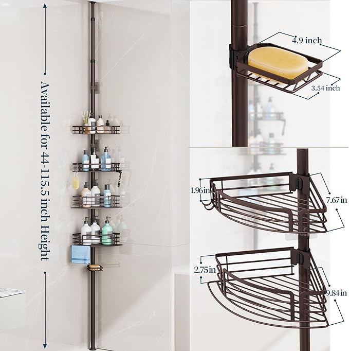 Consumest Corner Shower Caddy Tension Pole - Rustproof Shower Shelves with Towel Bar & Soap Holder, Adjustable Bath Organizer for Bathroom Storage, 27.6-108.3 inch, Bronze
