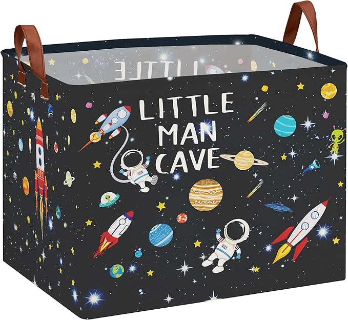 Astronaut Rockets Nursery Laundry Hamper,Space Storage Basket with Inspirational Quotes,Planets Boy Room Decor Shelf Basket ,Rectangular Clothes Book Toy Storage Bin (Black)