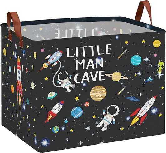 Astronaut Rockets Nursery Laundry Hamper,Space Storage Basket with Inspirational Quotes,Planets Boy Room Decor Shelf Basket ,Rectangular Clothes Book Toy Storage Bin (Black)