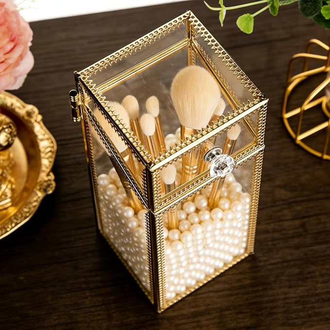 Pumtus Makeup Brush Holder Organizer with Lid, Glass Cosmetic Make Up Brushes Container, Clear Makeup Tool Storage Box Cup with Pearls, Vintage Dustproof Vanity Decor for Countertop Desktop