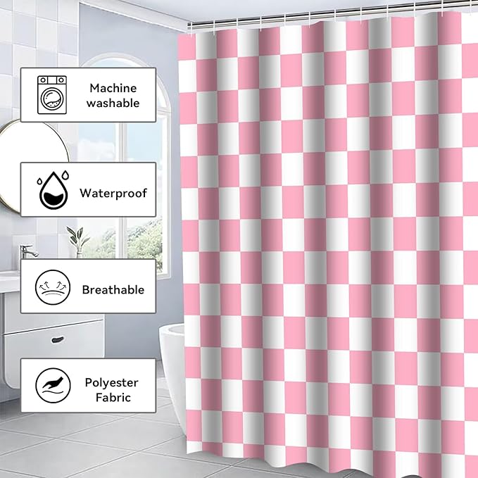4 PCS Checkered Shower Curtain Sets Fun Gingham Bathroom Sets Soft Non Slip Bath Rugs Toilet Cover U-Shaped Mat Retro Bright Waterproof Shower Curtains with 12 Hooks for Tub Toilet, Pink