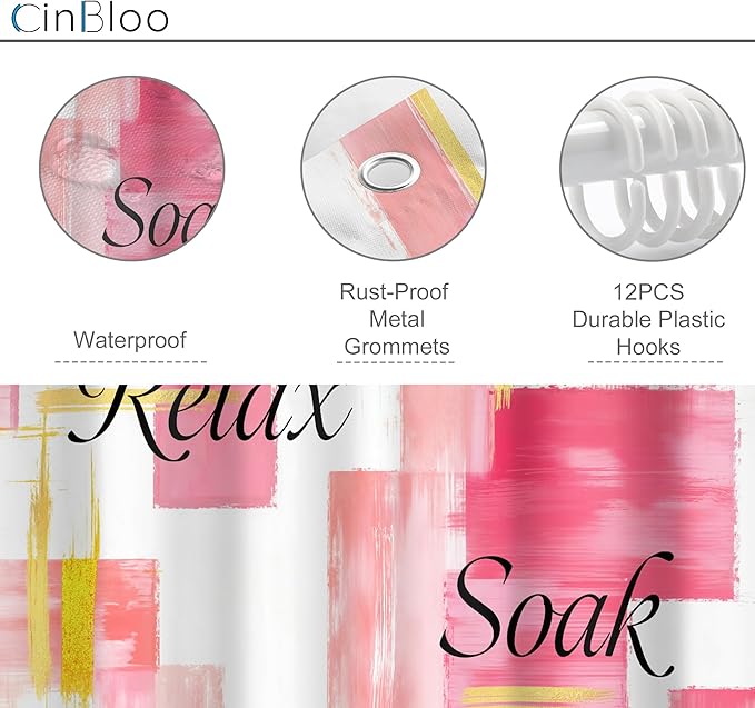 Cinbloo 4Pcs Pink Gold Shower Curtain Set,Modern Abstract Words Ombre Blush Oil Painting Girls Simple Bathroom Curtain with Rug, Toilet Lid Cover, Bath Mat,Minimalist Shower Curtain with 12 Hooks