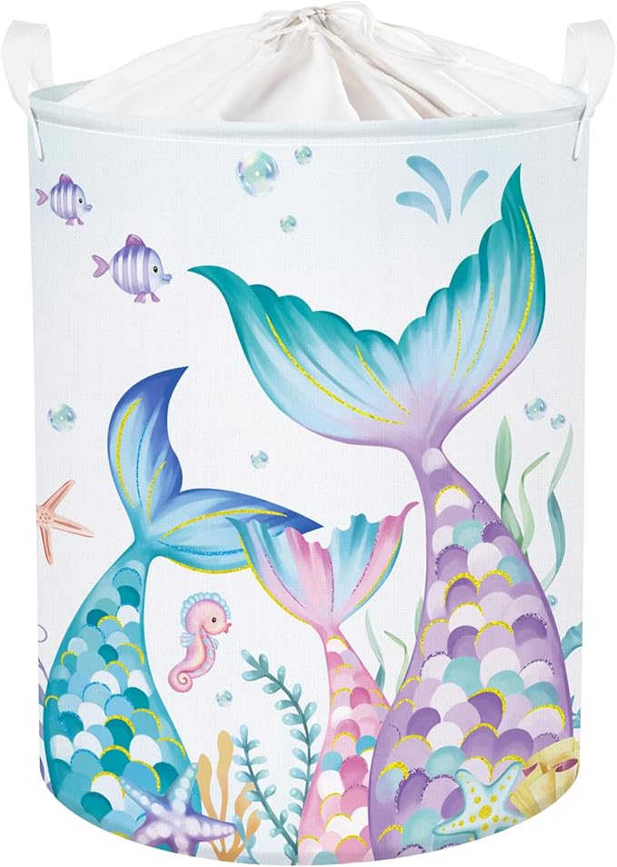 Fantasy Princess Laundry Hamper Colorful Large Storage Basket Collapsible Parents Organizer Kids Toy Clothes Bins for Bedroom, Bathroom, Mermaid, 63L