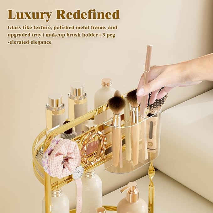 360 Rotating Makeup Organizer, Gold Perfume Organizer, 2 Tier Bathroom Counter Organizer, Multi-Function Spinning Skincare Storage, Cosmetic Display Case with Brush Holder for Vanity Dresser