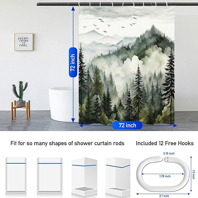 NBVKO 4Pcs Green Misty Forest Shower Curtain Set with 12 Hooks Non-Slip Rugs,Toilet Lid Cover and Bath Mat,Nature Tree Mountain Bathroom Decor for Hotel & Home Bathroom