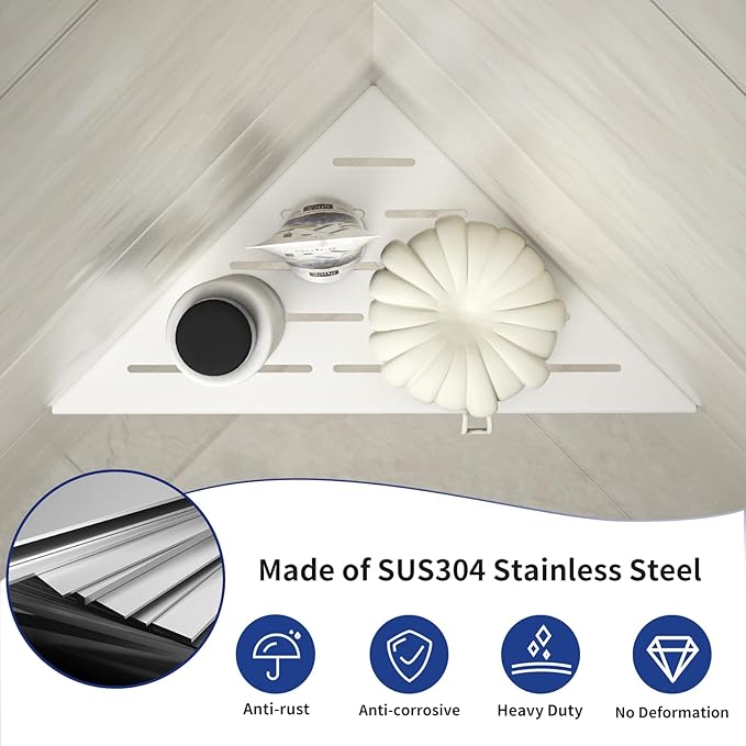 Corner Shower Shelf, 304 Stainless Steel with Slot Design for Bathroom Storage, Grout in Shelf for Tiled Wall (White, 10"-2 Pack)