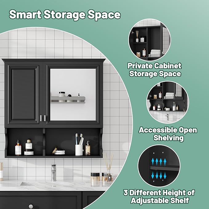 Merax Bathroom Wall Cabinet with Mirror, Wall Mounted Medicine Cabinet with Adjustable Shelves and Open Spaces, 30" x 28" Mirrored Door Over The Toilet Bathroom Storage Cabinet