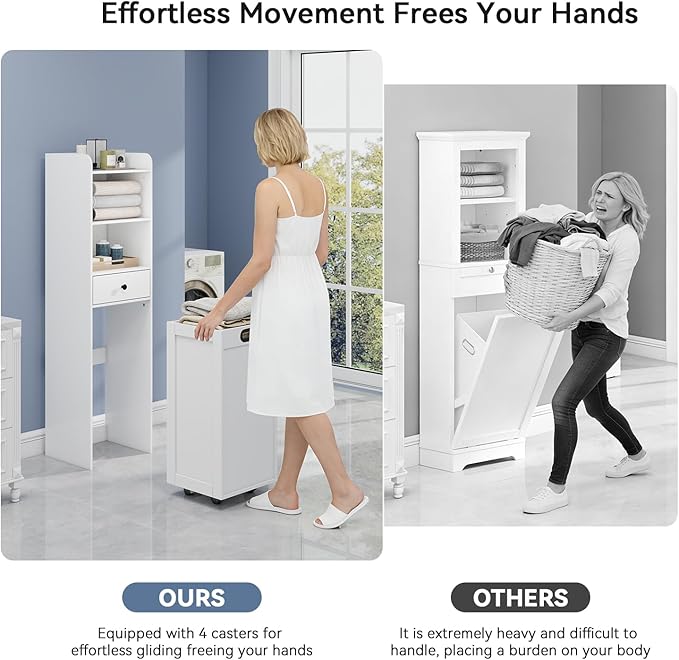 Laundry Hamper Cabinet, Laundry Cabinets and Storage with Multi Shelves, Hidden Movable Laundry Hamper Cabinet for Bathroom or Laundry Room Organization, White