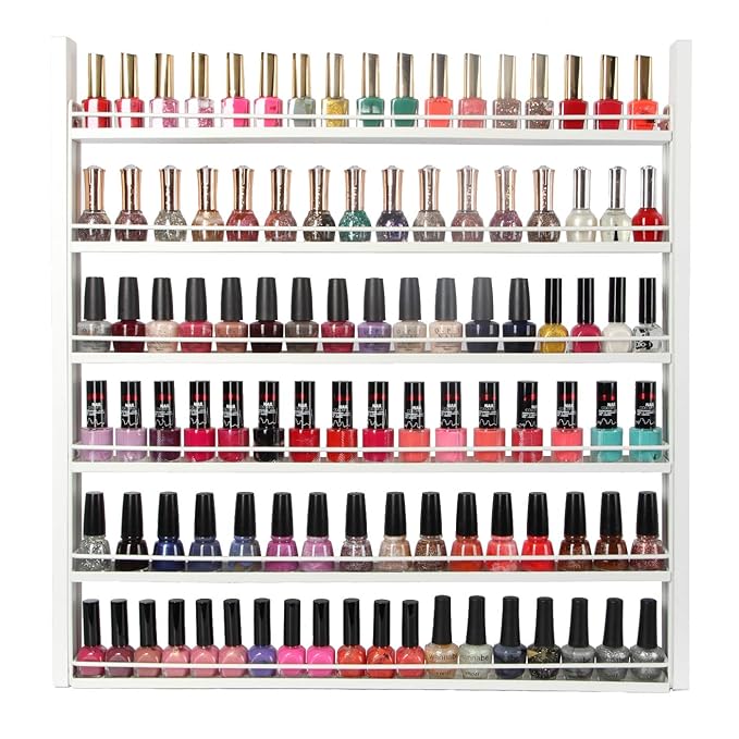 J JACKCUBE DESIGN White Wood Nail Polish Organizer with 6 Tier Shelves 100 Bottles Wall Mount Display Rack Makeup Essential Oil Bottles Holder Storage for Nail Salon Bedroom Dress Room - MK528C