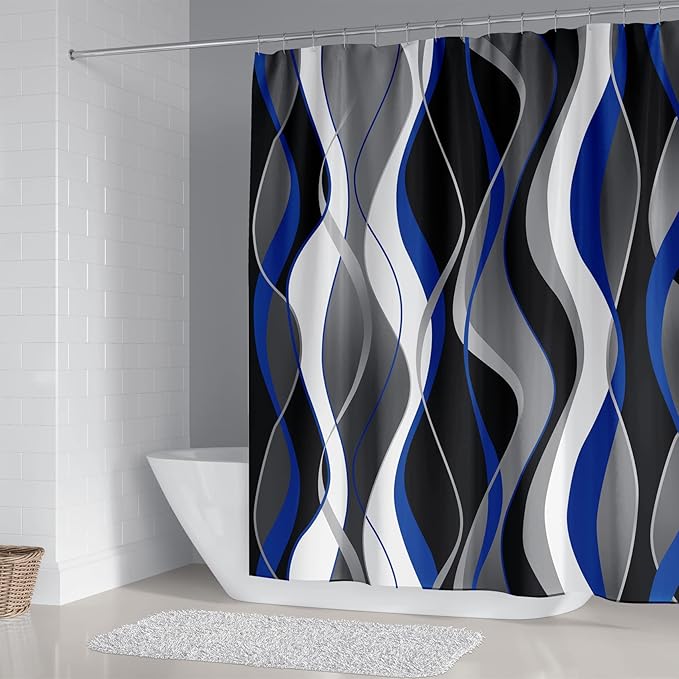 beifivcl 4Pcs Blue Shower Curtain Sets with Non-Slip Rugs, Toilet Lid Cover and Bath Mat, Black and Gray Bathroom Decor Set Accessories Fabric Waterproof Shower Curtains with 12 Hooks, 72 x 72 Inch