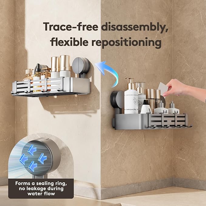 Suction Cup Shower Caddy Without Drilling | 4 Hooks, 32 cm Length, 10 kg Load Capacity, 1-Minute Installation | Removable and Rust-Free Shower Shelf