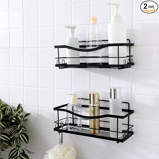 KINCMAX Iron Shower Caddies - Self Adhesive Bathroom Shelves for Showers - Wall Organizer Shampoo Holder Shelf - Peel and Stick On Caddy Bath Tub Rack - Pack of 2 Holders - Black